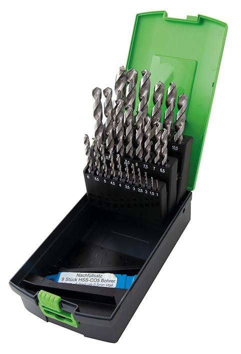 RECA Inox Spiralbohrer Kassette Safe Plus HSS Co5 DIN 338 Durchmesser 1-10 mm 28-teilig Durchmesser 1 - 5 mm doppelt bestückt