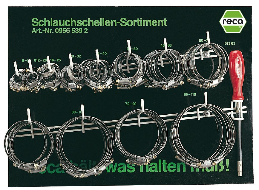 RECA Sortimentstafel - Schlauchschellen mit Schneckengewinde - DIN 3017-1 - Form A - W2 - 121-teilig