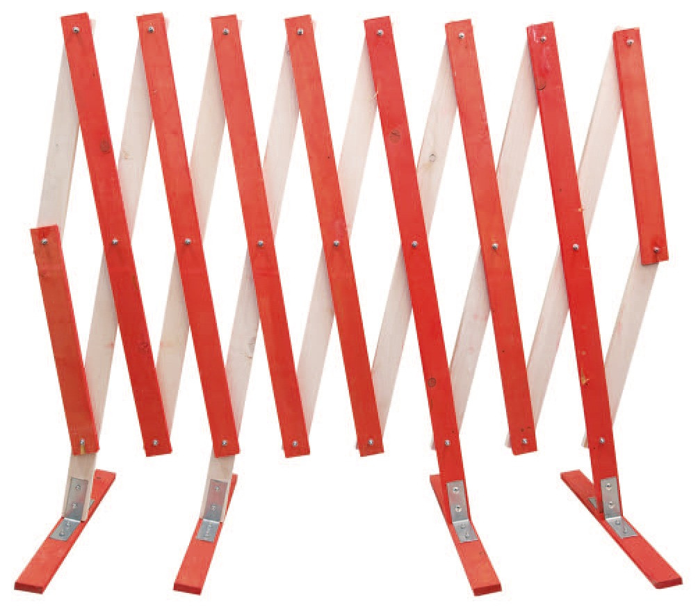 Holz-Scherenabsperrgitter rot/weiß lackiert, ausziehbar bis 5 Meter