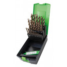 RECA kazeta špirálových vrtákov Safe Ultra, ušľachtilá oceľ, HSS, Co5, DIN 338, priemery 1-13 mm, 34-dielna, priemery 1 - 5 mm osadené duplicitne